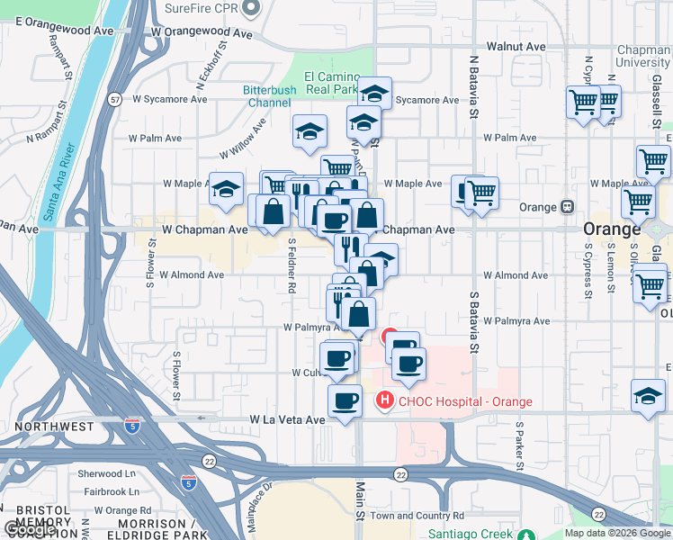 map of restaurants, bars, coffee shops, grocery stores, and more near 1455 West Almond Avenue in Orange