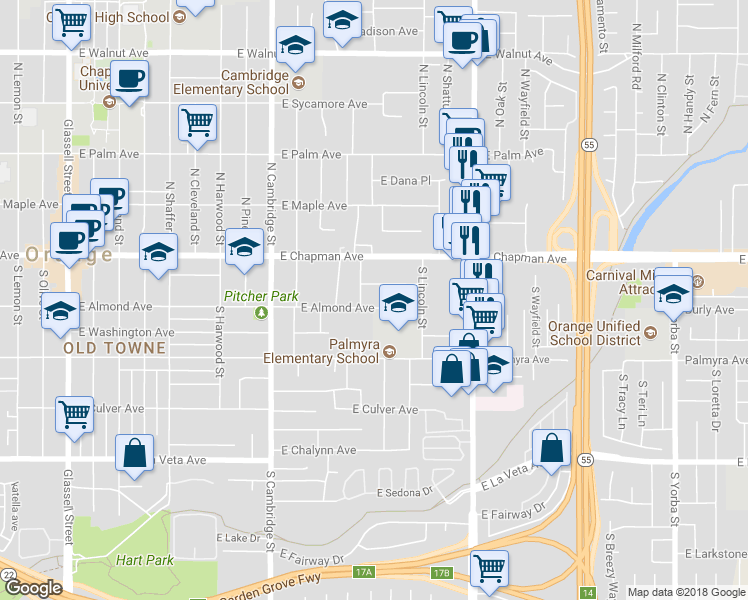 map of restaurants, bars, coffee shops, grocery stores, and more near 1243 East Almond Avenue in Orange