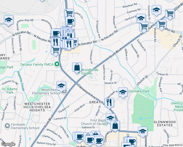 map of restaurants, bars, coffee shops, grocery stores, and more near 25 High Gate Trail in Decatur