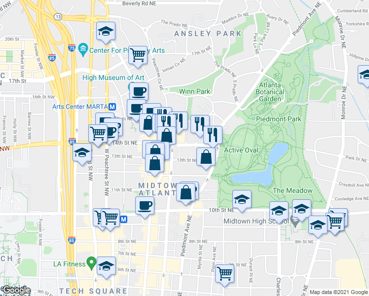 map of restaurants, bars, coffee shops, grocery stores, and more near 195 14th Street Northeast in Atlanta