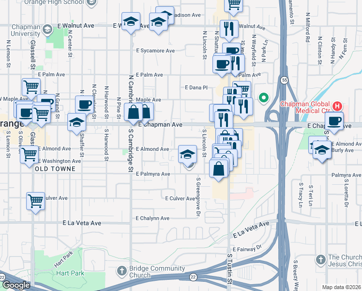map of restaurants, bars, coffee shops, grocery stores, and more near 1243 East Almond Avenue in Orange