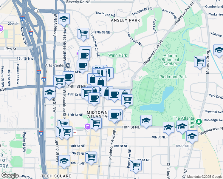map of restaurants, bars, coffee shops, grocery stores, and more near 195 14th Street Northeast in Atlanta