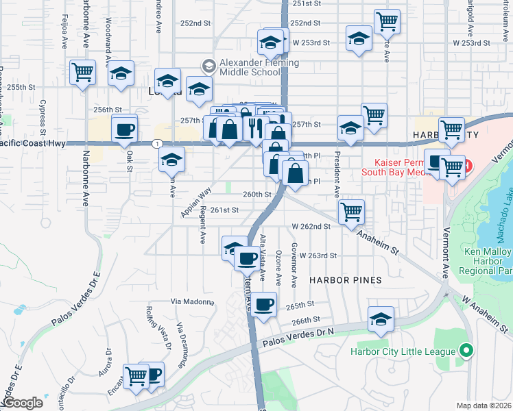 map of restaurants, bars, coffee shops, grocery stores, and more near 26014 Cayuga Avenue in Lomita