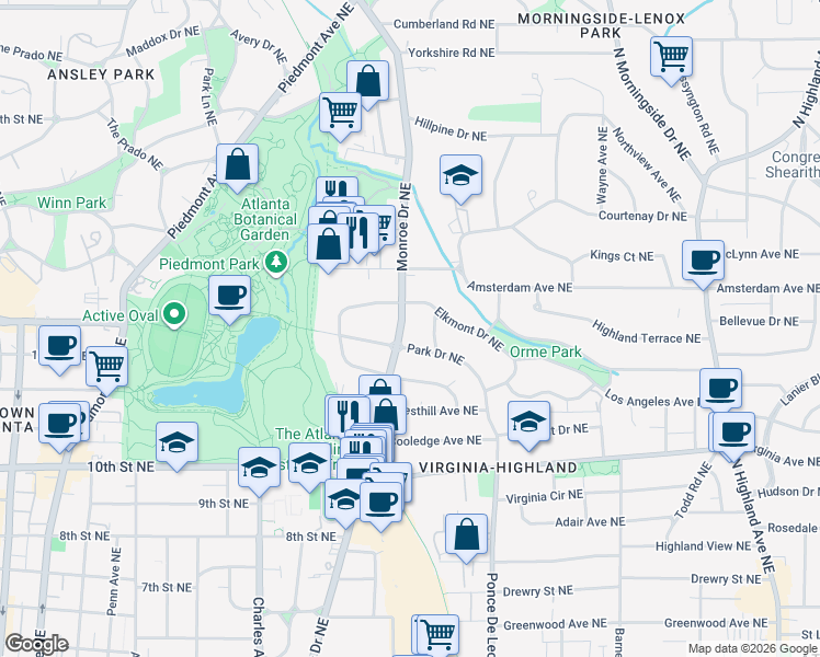map of restaurants, bars, coffee shops, grocery stores, and more near 1155 Monroe Dr NE in Atlanta