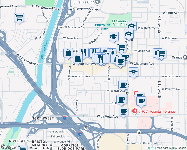 map of restaurants, bars, coffee shops, grocery stores, and more near 1915 West Almond Avenue in Orange