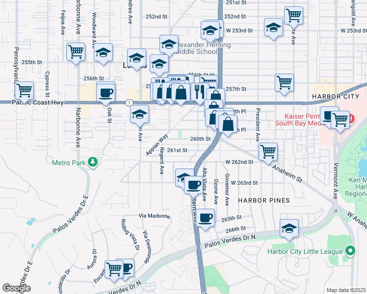 map of restaurants, bars, coffee shops, grocery stores, and more near 1839 261st Street in Lomita