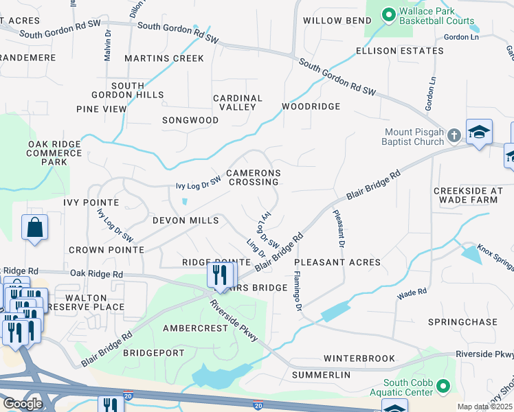 map of restaurants, bars, coffee shops, grocery stores, and more near 1143 Cedar Log Place in Austell