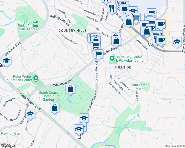 map of restaurants, bars, coffee shops, grocery stores, and more near 3604 West Estates Lane in Rolling Hills Estates