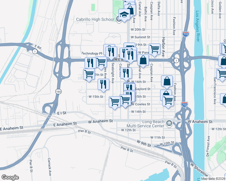 map of restaurants, bars, coffee shops, grocery stores, and more near Seabright Avenue in Long Beach