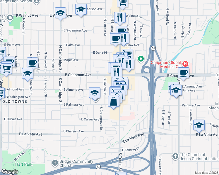 map of restaurants, bars, coffee shops, grocery stores, and more near 196 South Shattuck Place in Orange