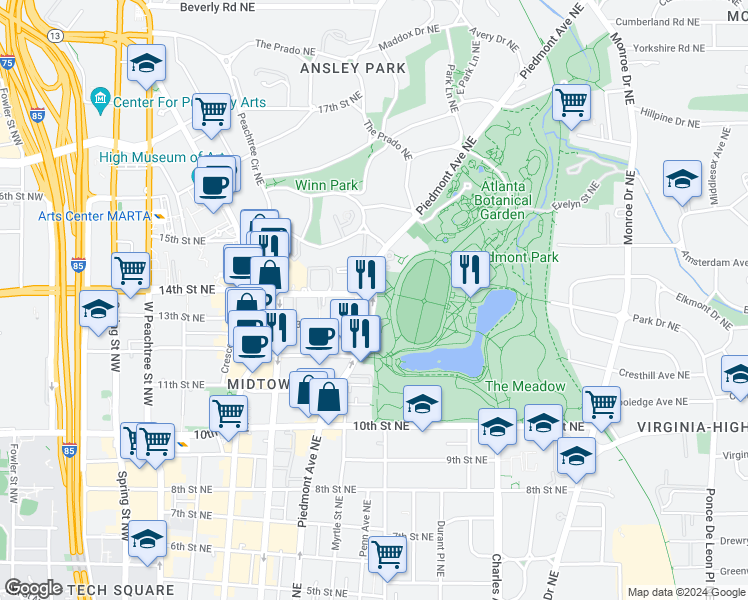 map of restaurants, bars, coffee shops, grocery stores, and more near 1181 Piedmont Avenue Northeast in Atlanta