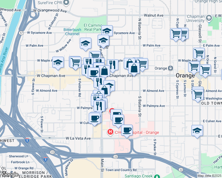 map of restaurants, bars, coffee shops, grocery stores, and more near 169 South Bush Street in Orange