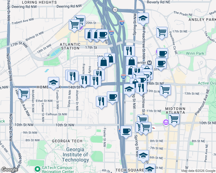 map of restaurants, bars, coffee shops, grocery stores, and more near 188 14th Street Northwest in Atlanta