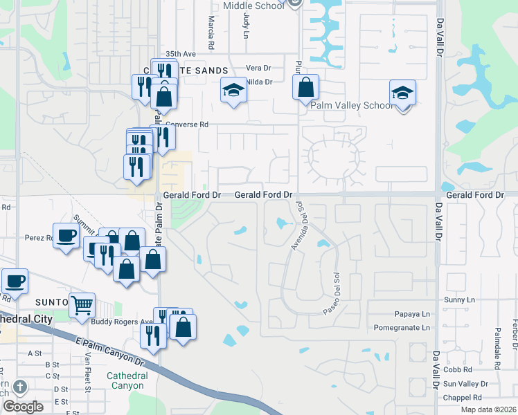 map of restaurants, bars, coffee shops, grocery stores, and more near 31 Pso Laredo North in Cathedral City