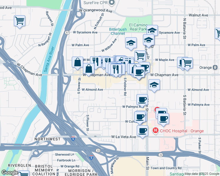 map of restaurants, bars, coffee shops, grocery stores, and more near 1901 West Almond Avenue in Orange