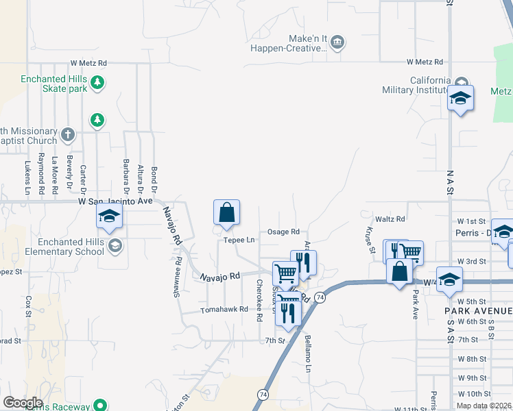 map of restaurants, bars, coffee shops, grocery stores, and more near Cherokee Road in Perris