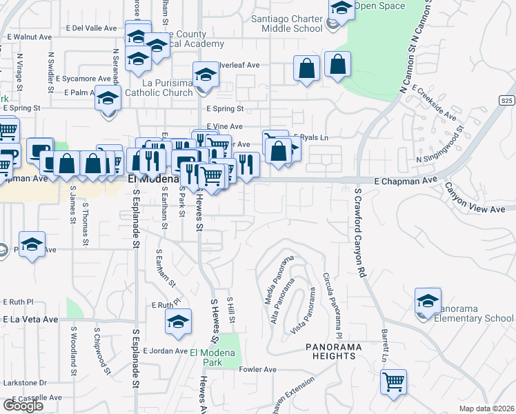 map of restaurants, bars, coffee shops, grocery stores, and more near 4741 East Washington Avenue in Orange