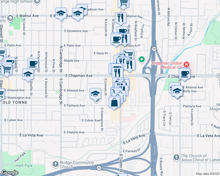 map of restaurants, bars, coffee shops, grocery stores, and more near 196 South Shattuck Place in Orange