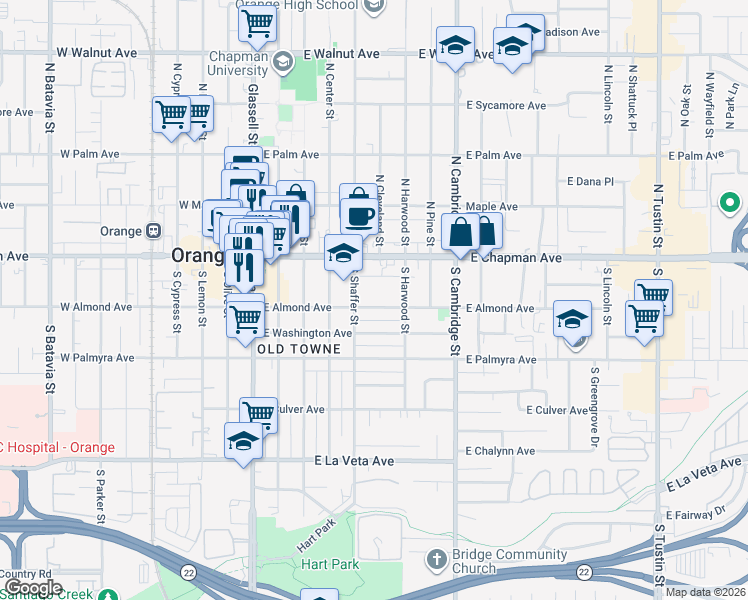 map of restaurants, bars, coffee shops, grocery stores, and more near 560 East Almond Avenue in Orange