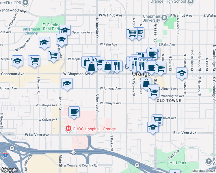 map of restaurants, bars, coffee shops, grocery stores, and more near 209 South Parker Street in Orange