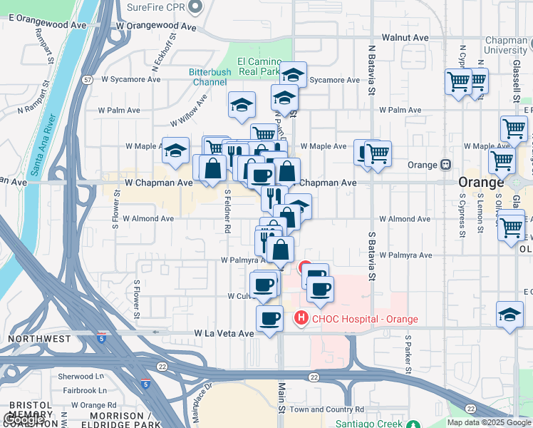 map of restaurants, bars, coffee shops, grocery stores, and more near 1455 West Almond Avenue in Orange