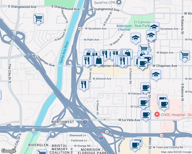 map of restaurants, bars, coffee shops, grocery stores, and more near 2202 West Mills Drive in Orange