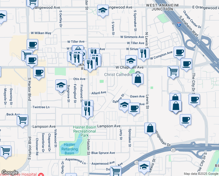 map of restaurants, bars, coffee shops, grocery stores, and more near 13161 Allard Avenue in Garden Grove