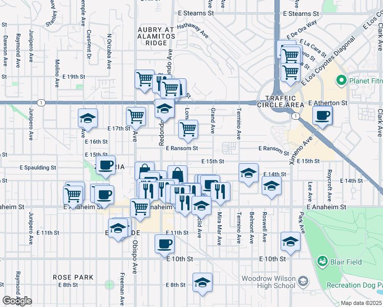 map of restaurants, bars, coffee shops, grocery stores, and more near 1509 Loma Avenue in Long Beach