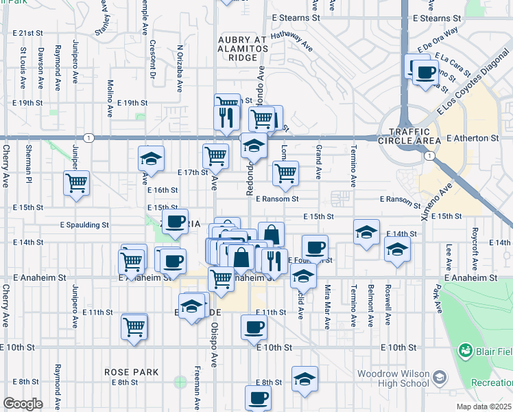 map of restaurants, bars, coffee shops, grocery stores, and more near 3403 East 15th Street in Long Beach