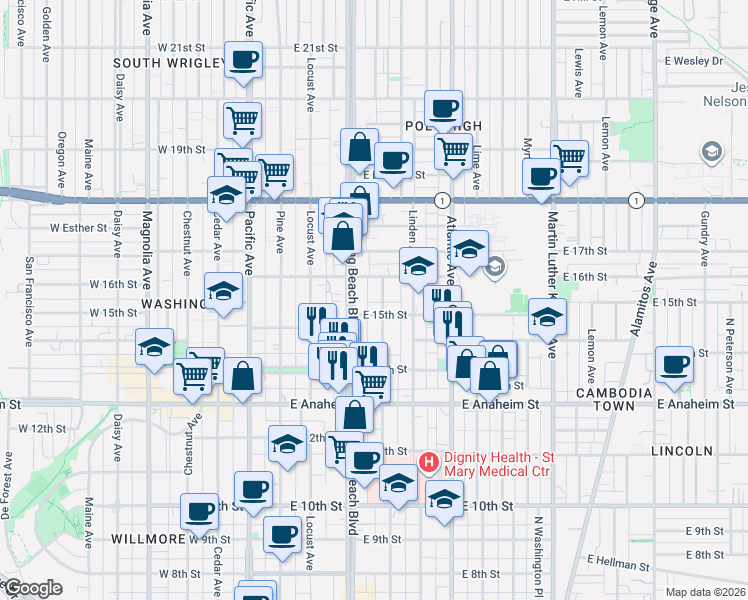 map of restaurants, bars, coffee shops, grocery stores, and more near 1534 Elm Avenue in Long Beach