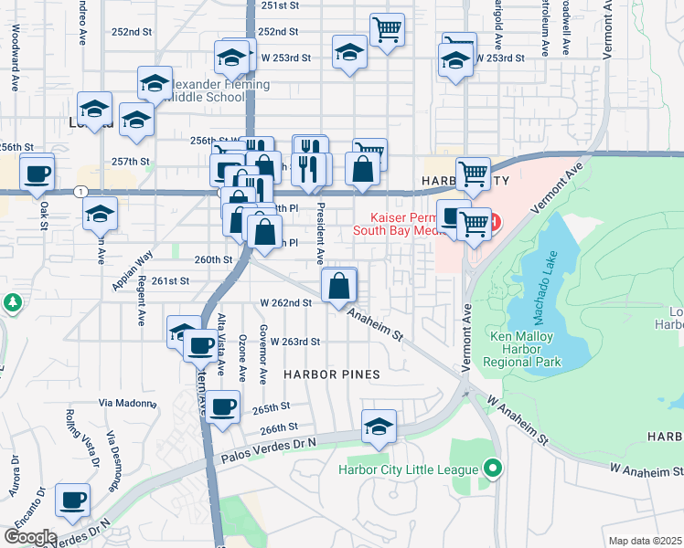 map of restaurants, bars, coffee shops, grocery stores, and more near 1537 261st Street in Los Angeles