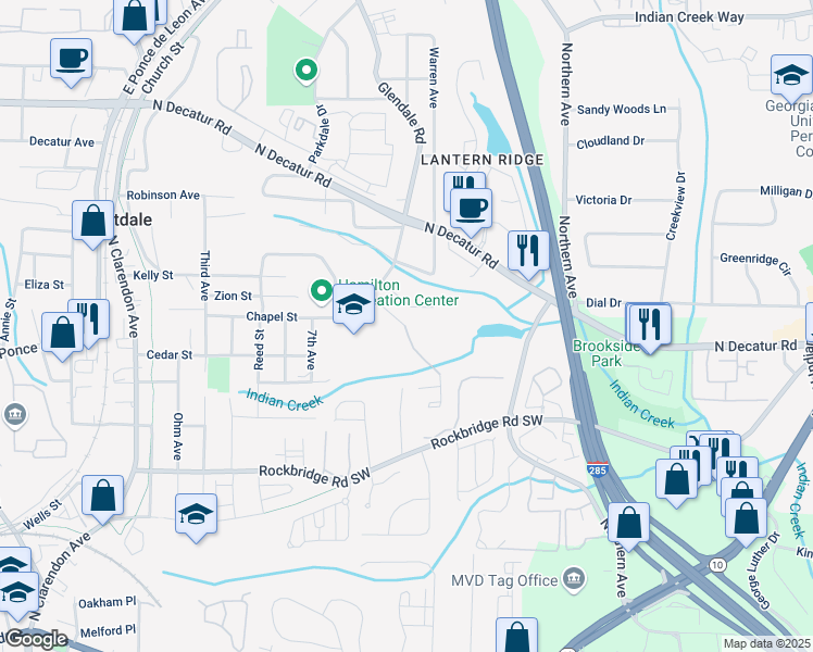 map of restaurants, bars, coffee shops, grocery stores, and more near 3371 Lawrence Street in Scottdale