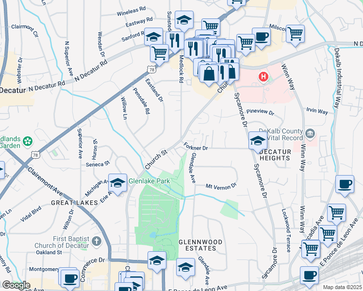 map of restaurants, bars, coffee shops, grocery stores, and more near 217 Knob Hills Circle in Decatur