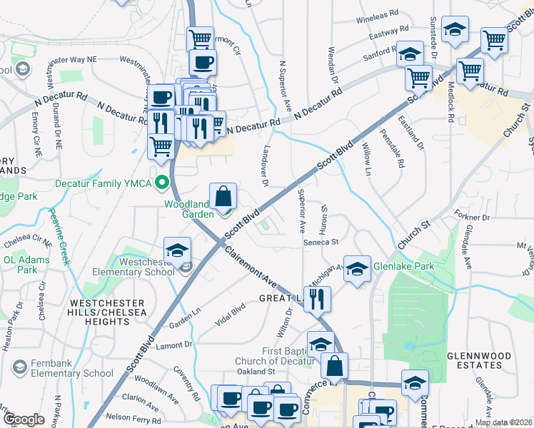 map of restaurants, bars, coffee shops, grocery stores, and more near 9 High Gate Trail in Decatur