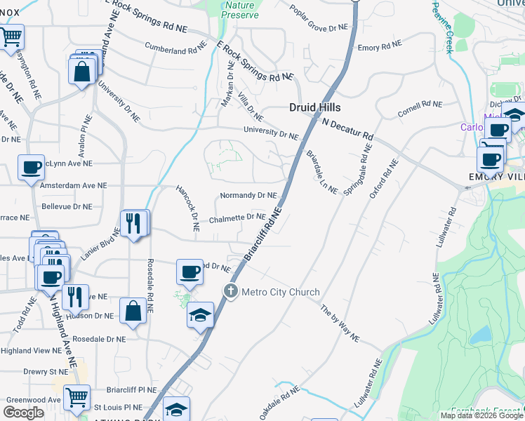 map of restaurants, bars, coffee shops, grocery stores, and more near 1371 Chalmette Drive Northeast in Atlanta
