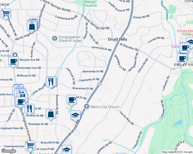 map of restaurants, bars, coffee shops, grocery stores, and more near 1371 Chalmette Drive Northeast in Atlanta