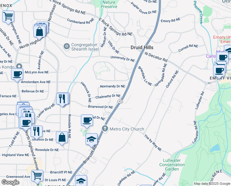 map of restaurants, bars, coffee shops, grocery stores, and more near 1371 Chalmette Drive Northeast in Atlanta