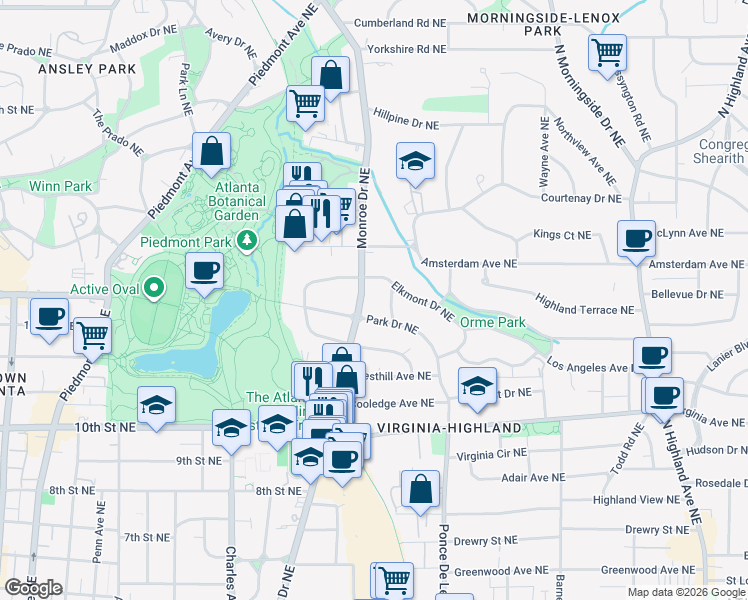 map of restaurants, bars, coffee shops, grocery stores, and more near 1155 Monroe Drive Northeast in Atlanta
