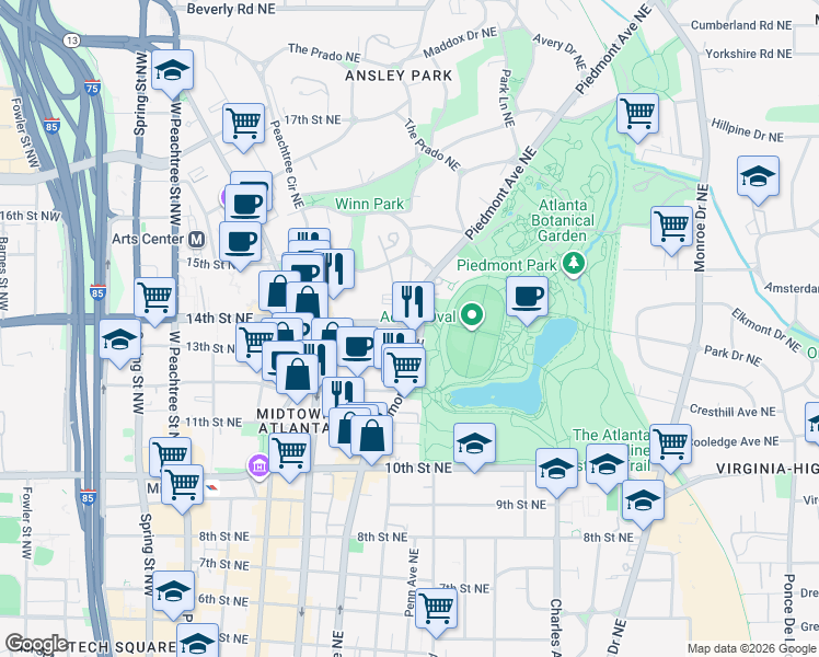 map of restaurants, bars, coffee shops, grocery stores, and more near 1181 Piedmont Avenue Northeast in Atlanta