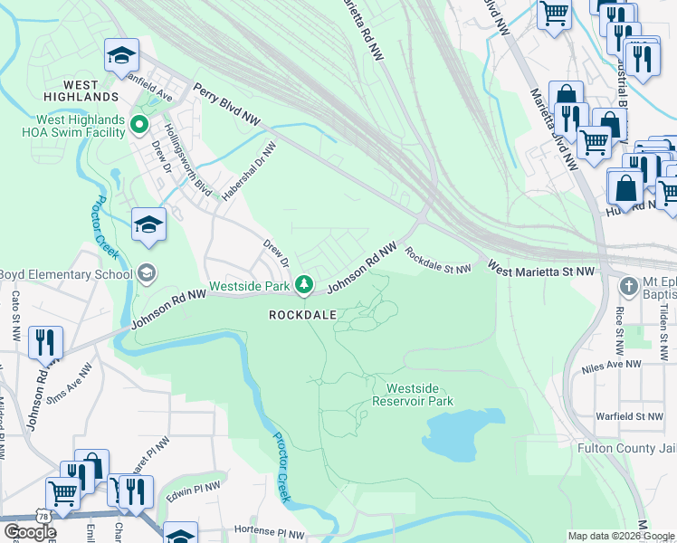 map of restaurants, bars, coffee shops, grocery stores, and more near 1600-1660 Johnson Road Northwest in Atlanta