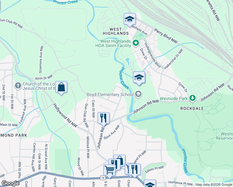 map of restaurants, bars, coffee shops, grocery stores, and more near 1976 East Avenue Northwest in Atlanta