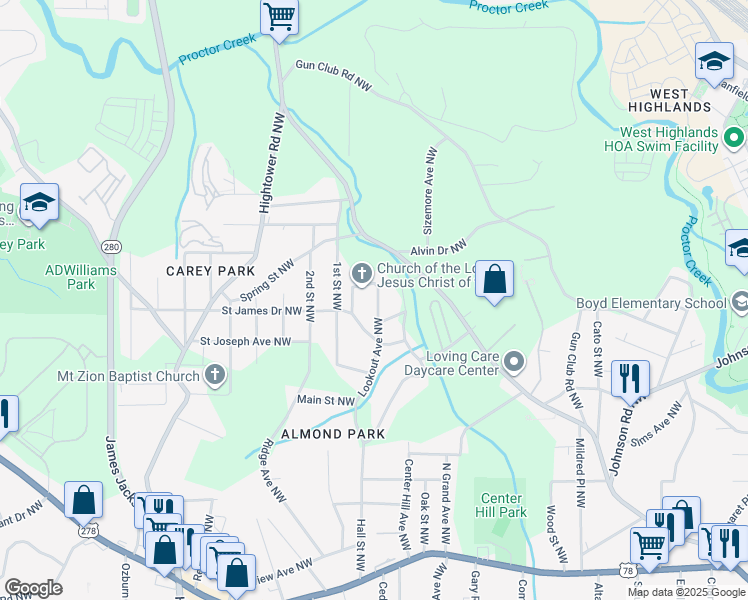 map of restaurants, bars, coffee shops, grocery stores, and more near 1139 Lookout Avenue Northwest in Atlanta