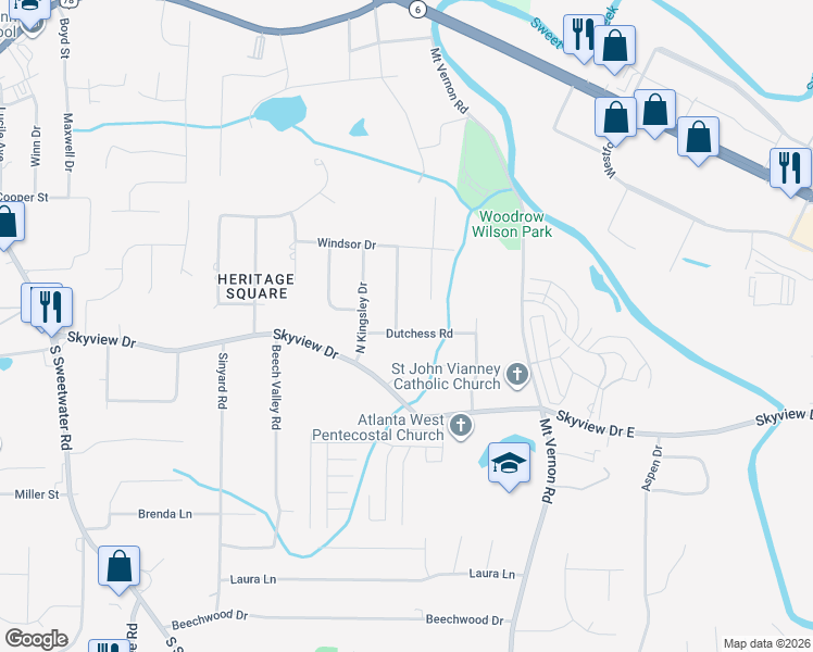 map of restaurants, bars, coffee shops, grocery stores, and more near 682 Kingswood Court in Lithia Springs