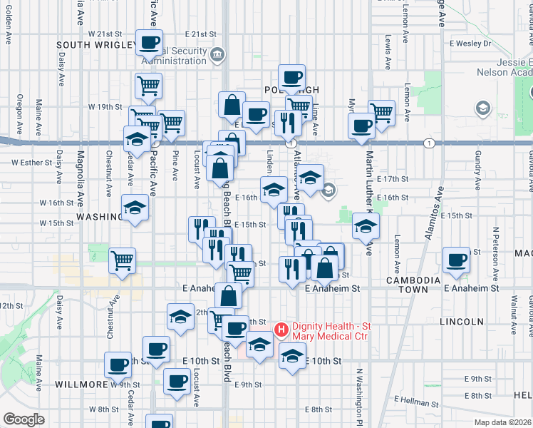 map of restaurants, bars, coffee shops, grocery stores, and more near 1549 Linden Avenue in Long Beach