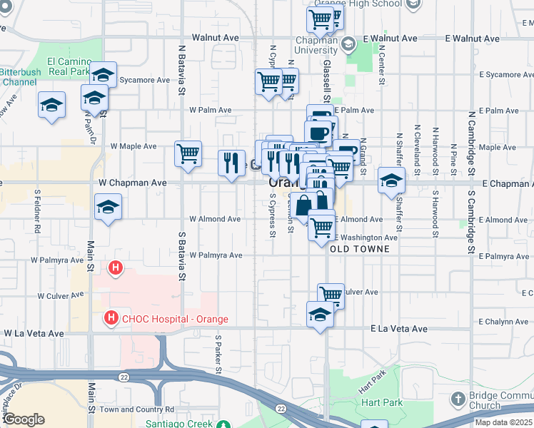 map of restaurants, bars, coffee shops, grocery stores, and more near 180 South Cypress Street in Orange