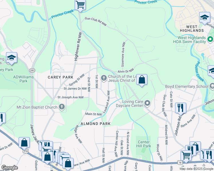 map of restaurants, bars, coffee shops, grocery stores, and more near 1139 Lookout Avenue Northwest in Atlanta