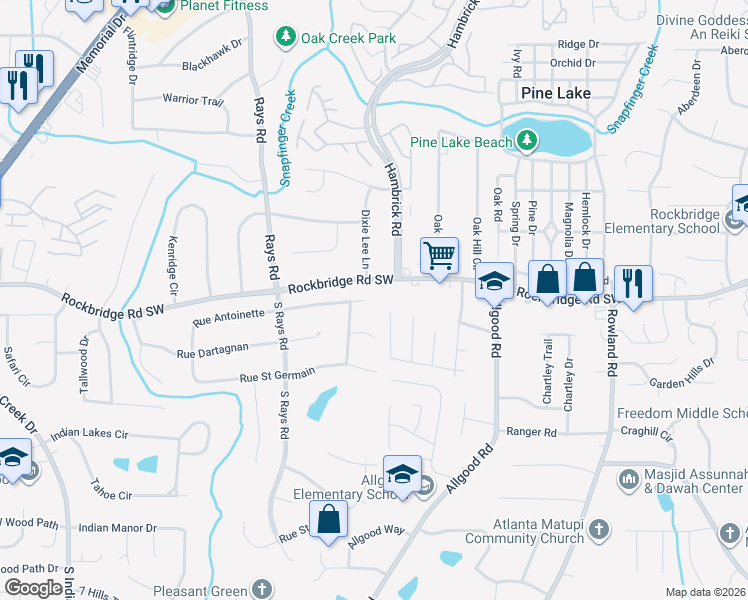 map of restaurants, bars, coffee shops, grocery stores, and more near 4308 Rue Antoinette in Stone Mountain