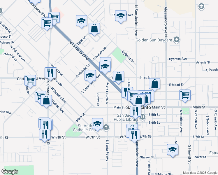map of restaurants, bars, coffee shops, grocery stores, and more near 165 South Santa Fe Avenue in San Jacinto