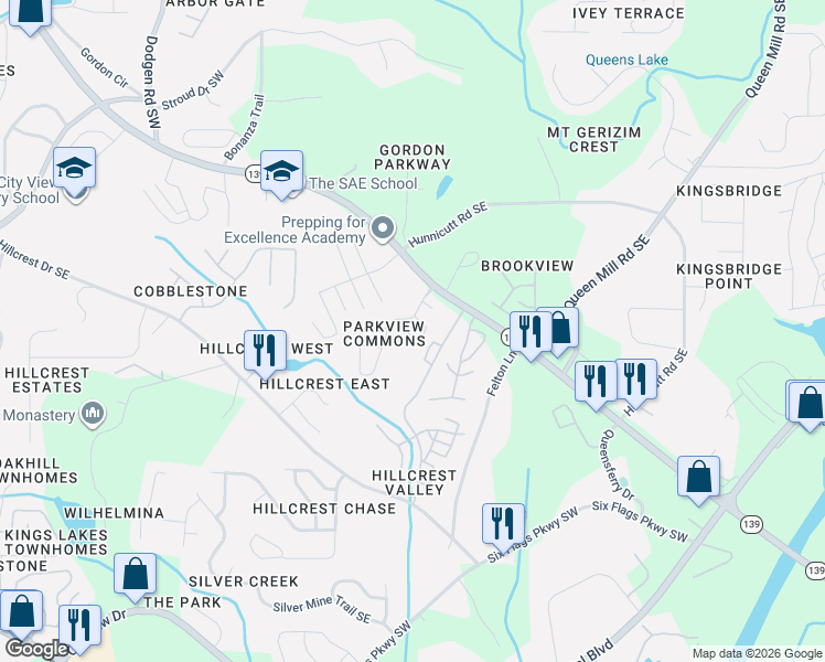 map of restaurants, bars, coffee shops, grocery stores, and more near 6873 Gallant Circle Southeast in Mableton