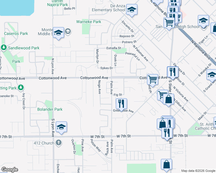 map of restaurants, bars, coffee shops, grocery stores, and more near 161 Mahogany Street in San Jacinto